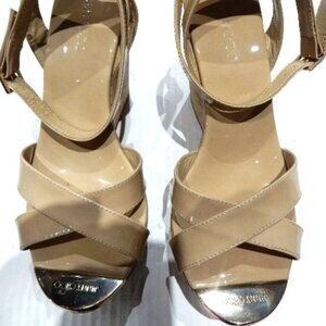Jimmy Choo Tan Patent Cork Wedge Sandals in EU 37.5